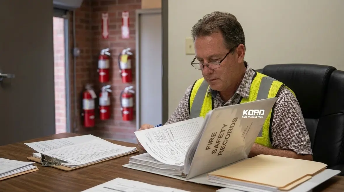 Technician reviewing fire extinguisher standards and service records