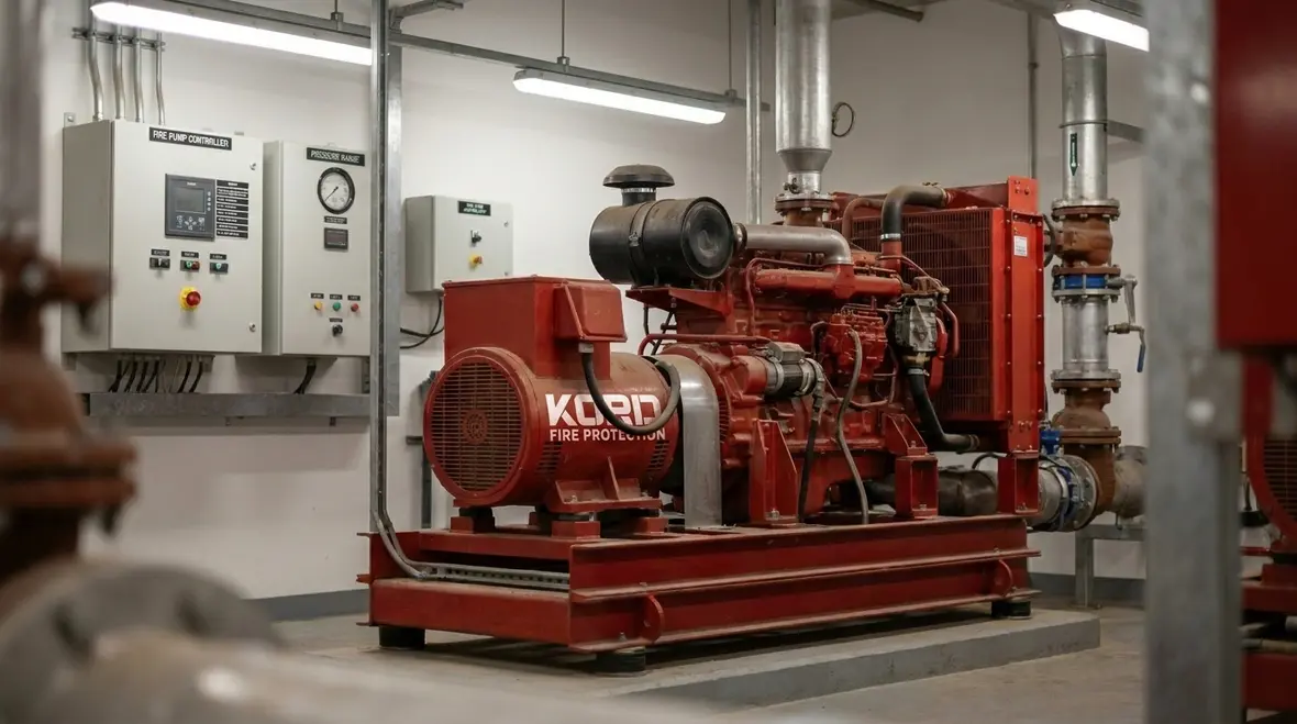 Factory coordinated packaged fire pump assembly installed in a pump room
