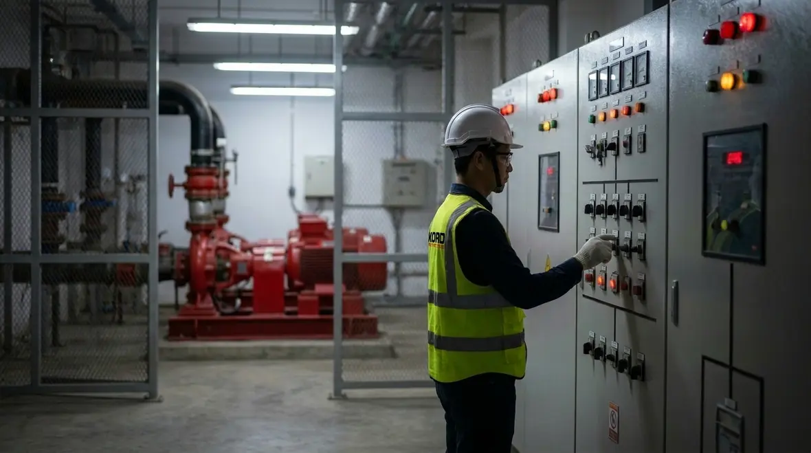 Installed positive displacement fire pump with controls and piping