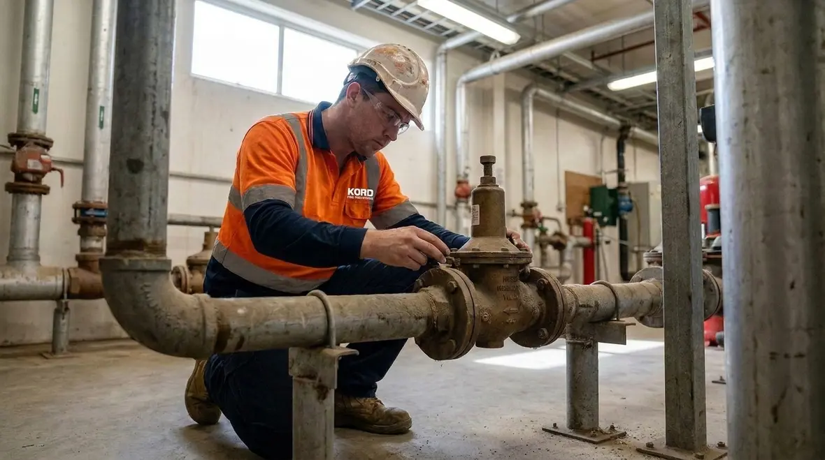Technician inspecting pressure regulating valve components for NFPA 25 compliance