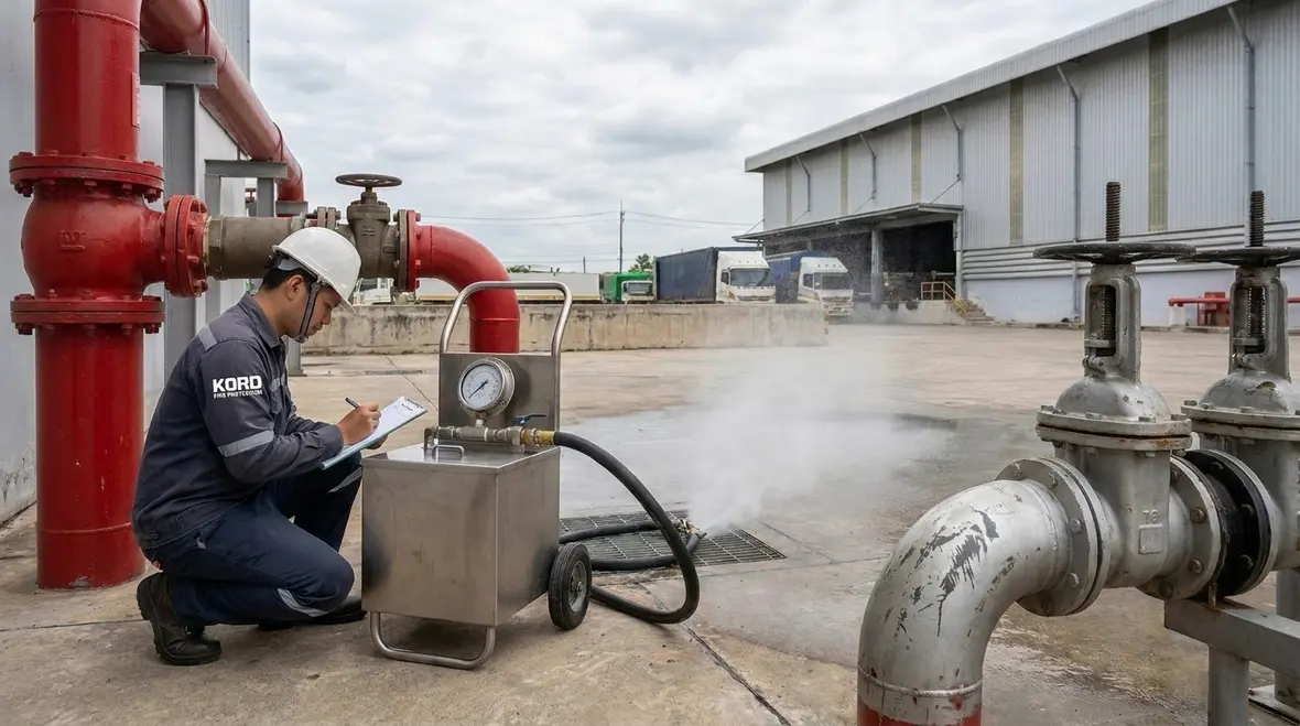 Private fire service main and hydrant testing setup with gauges and hoses on a commercial property
