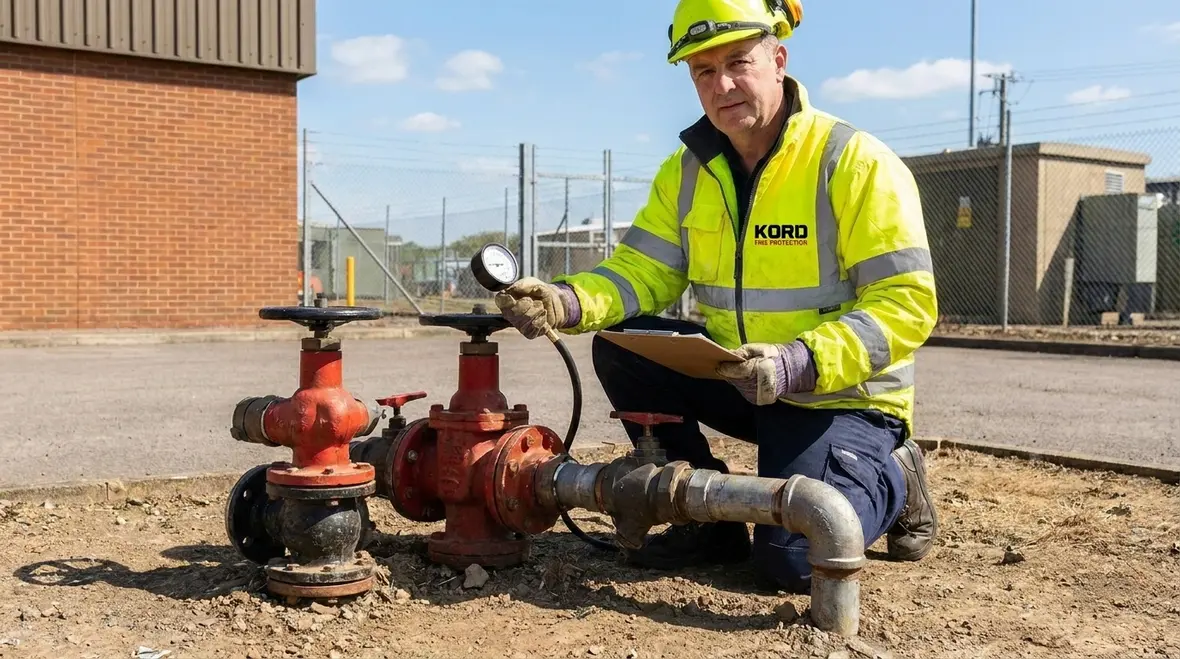 Technician performing private fire hydrant flow testing at a site water supply connection