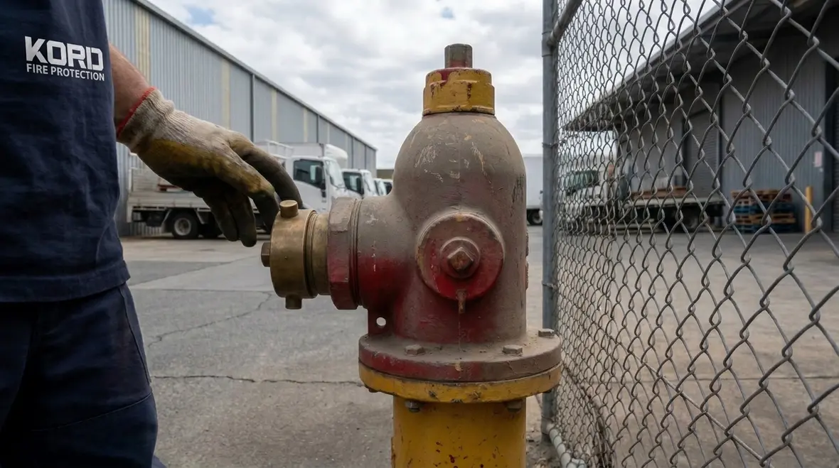 Private hydrant inspection testing technician checking exterior hydrant condition
