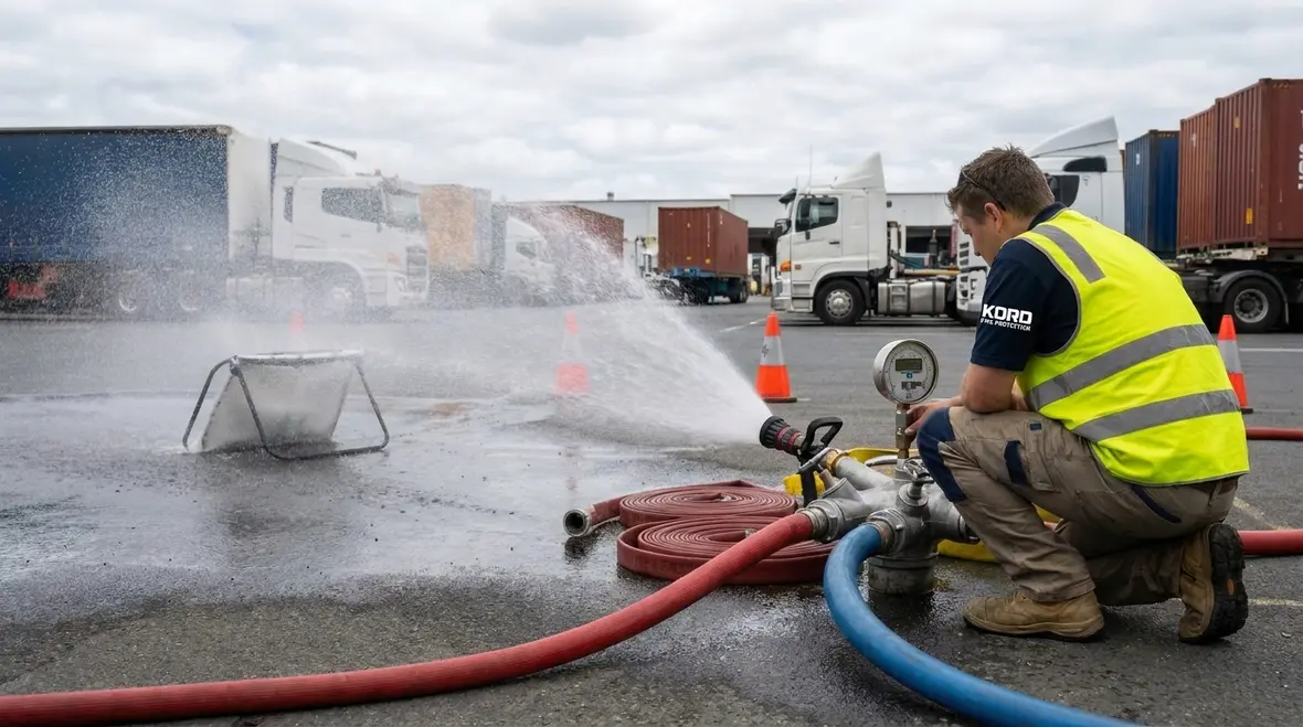 Commercial facility hydrant flow testing in progress near pumper outlet