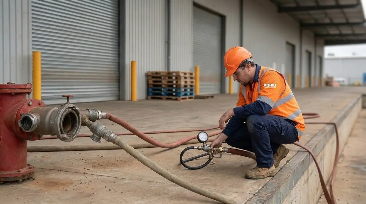 Pumper outlet hydrant testing setup with gauges and hoses connected