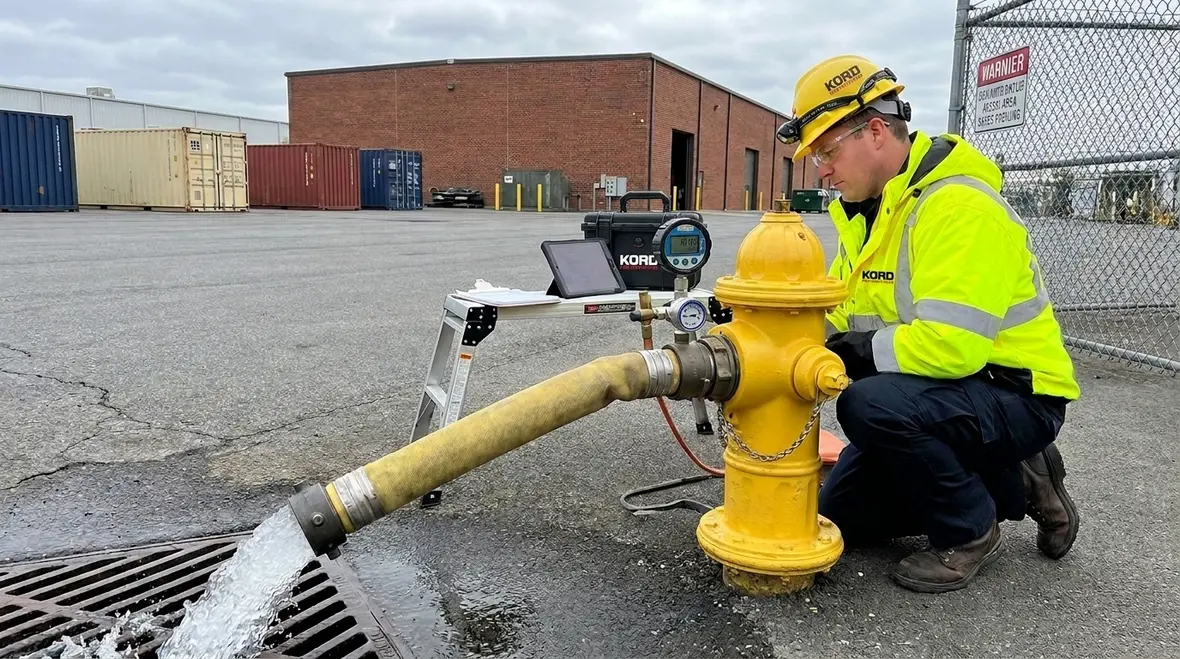 Technician performing pumper outlet hydrant testing at a commercial fire hydrant
