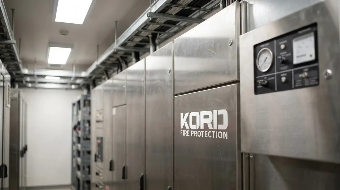 Clean agent fire suppression cylinders and controls protecting a critical facility