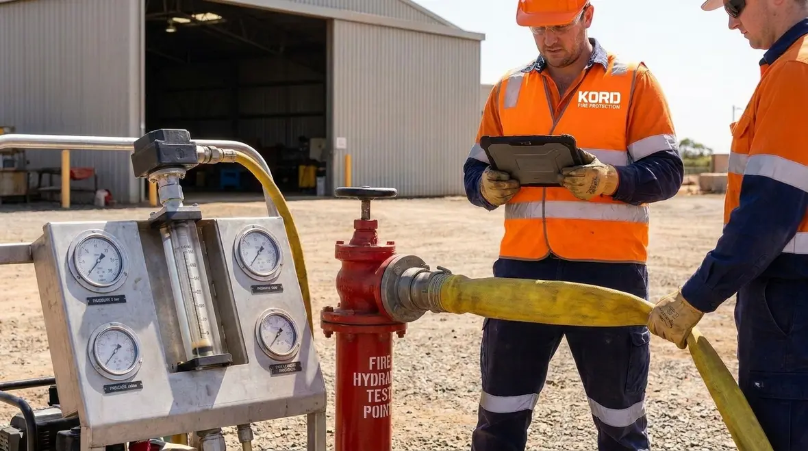 Technician preparing hydrant flow testing equipment on site