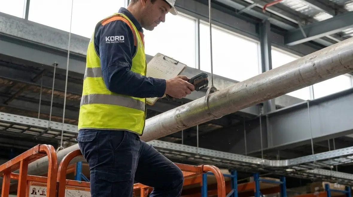 Technician reviewing internal sprinkler pipe corrosion risks in a commercial fire protection system