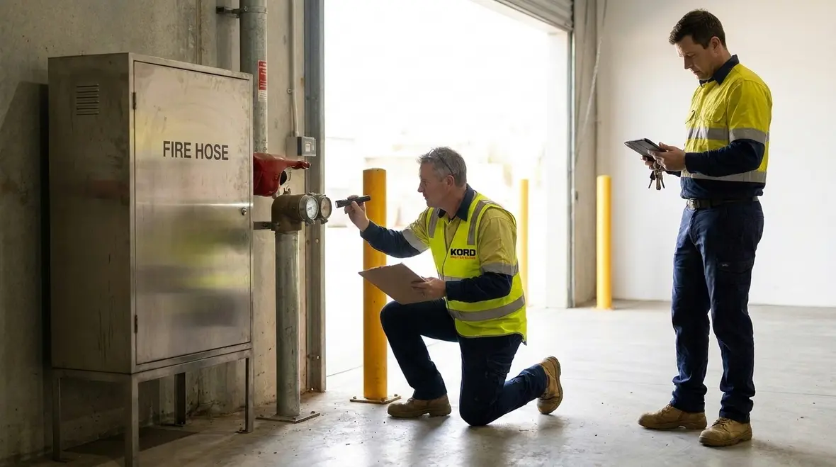 Standpipe hose cabinet and valve access inspection at a commercial facility