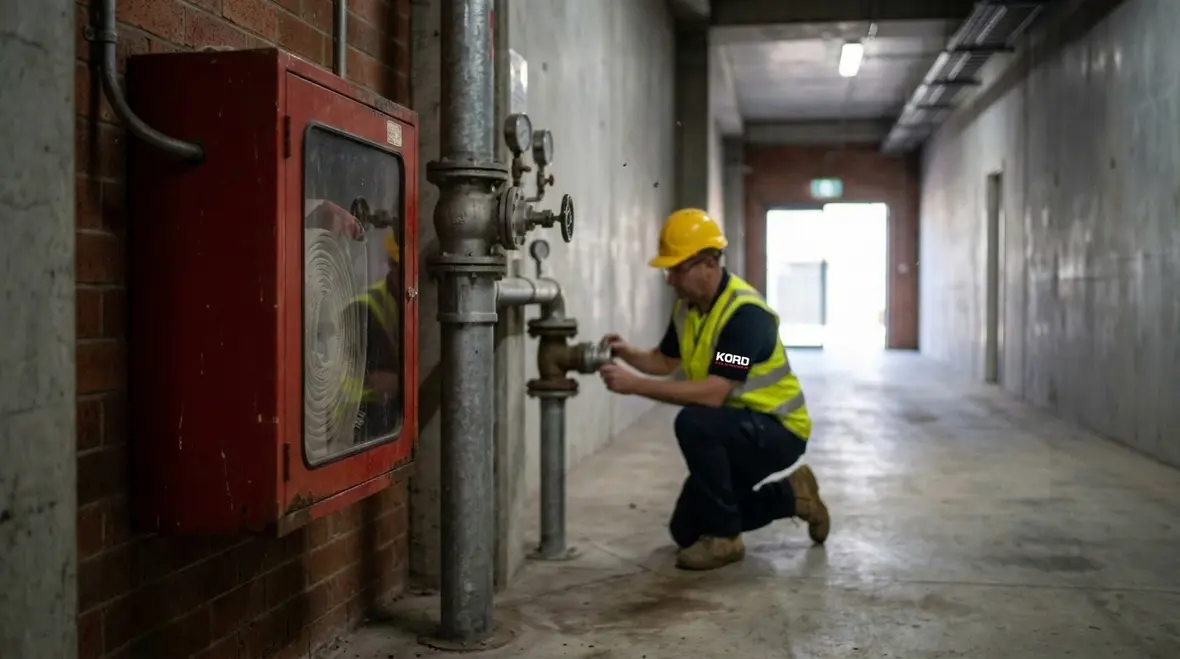 Technician reviewing a standpipe inspection checklist under NFPA 25 requirements