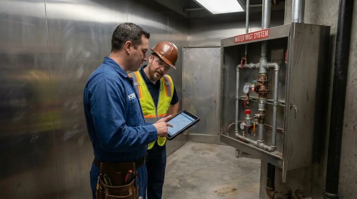Technicians reviewing water mist system readiness and documentation