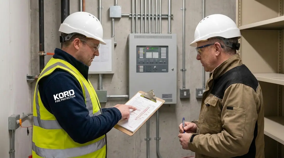 Qualified evaluator checking fire protection documentation and equipment access