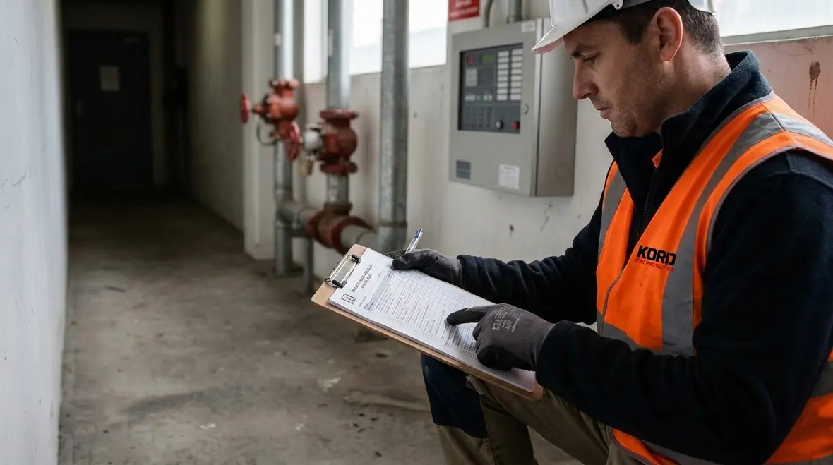 Qualified fire system evaluator reviewing commercial site safety systems
