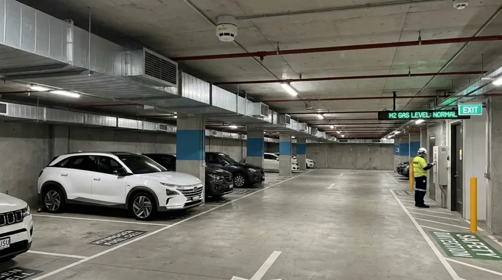Hydrogen vehicle parking garage safety, H2 parking requirements