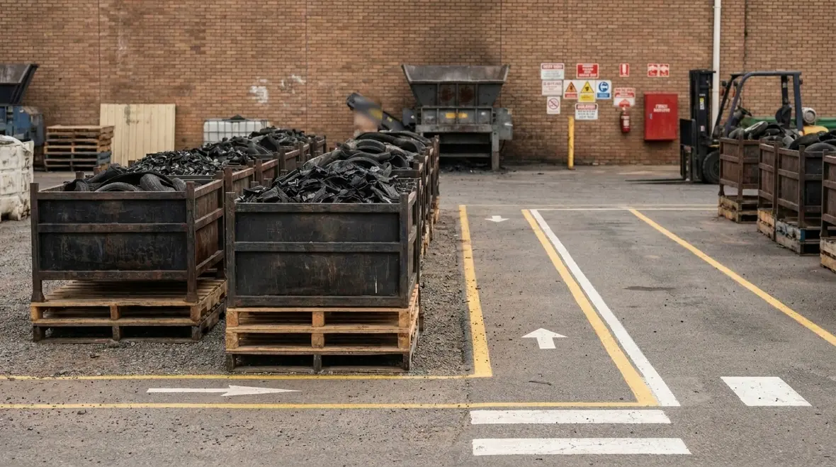 Processed tire material storage piles arranged with fire safety access lanes