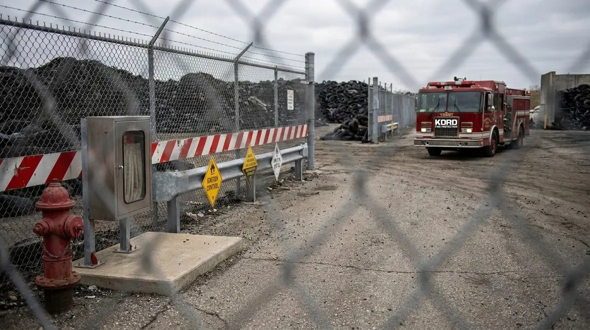 Industrial facility using fire planning around processed tire material storage