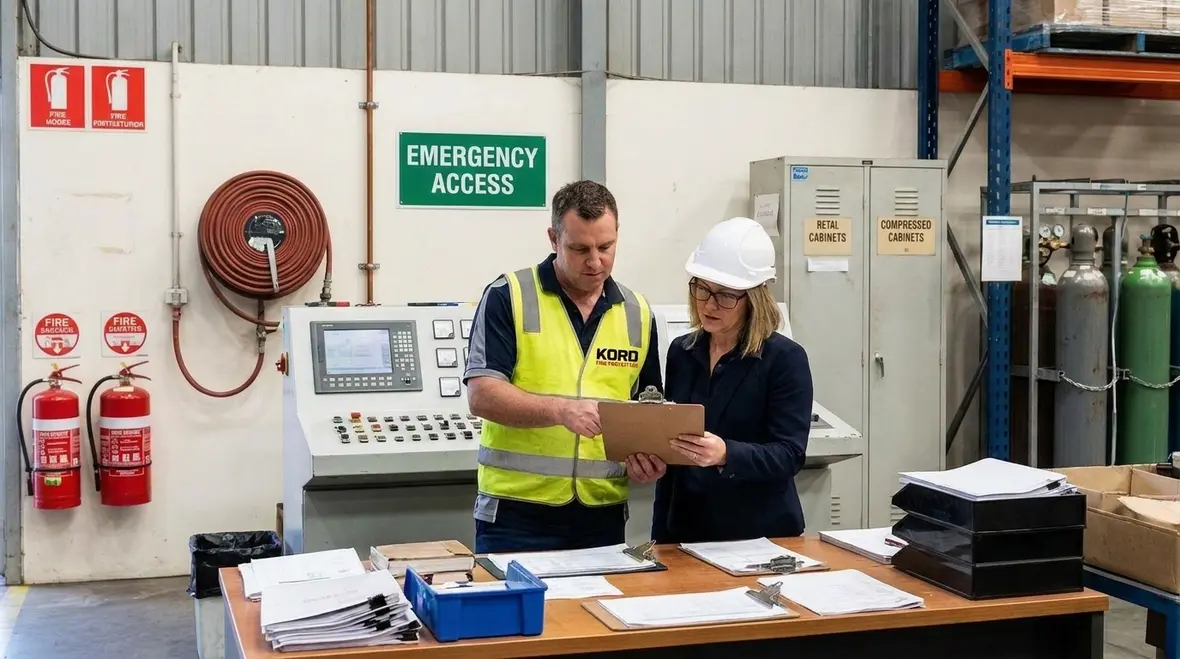 Workshop staff managing hot work, battery charging, and fire safety checks
