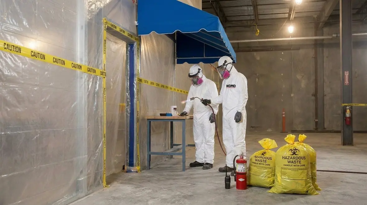 Workers managing asbestos removal with extinguishers and protected exits nearby