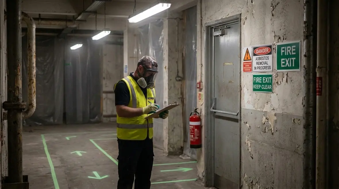 Asbestos abatement area with controlled access and fire safety planning
