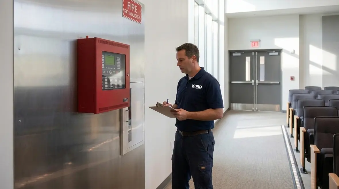 Clear exits and alarm readiness for assembly occupancy fire safety