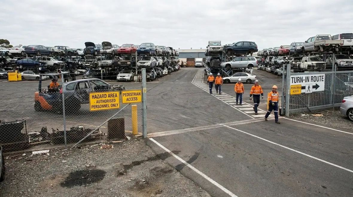 Salvage yard vehicle rows illustrating auto wrecking yard fire code spacing and access