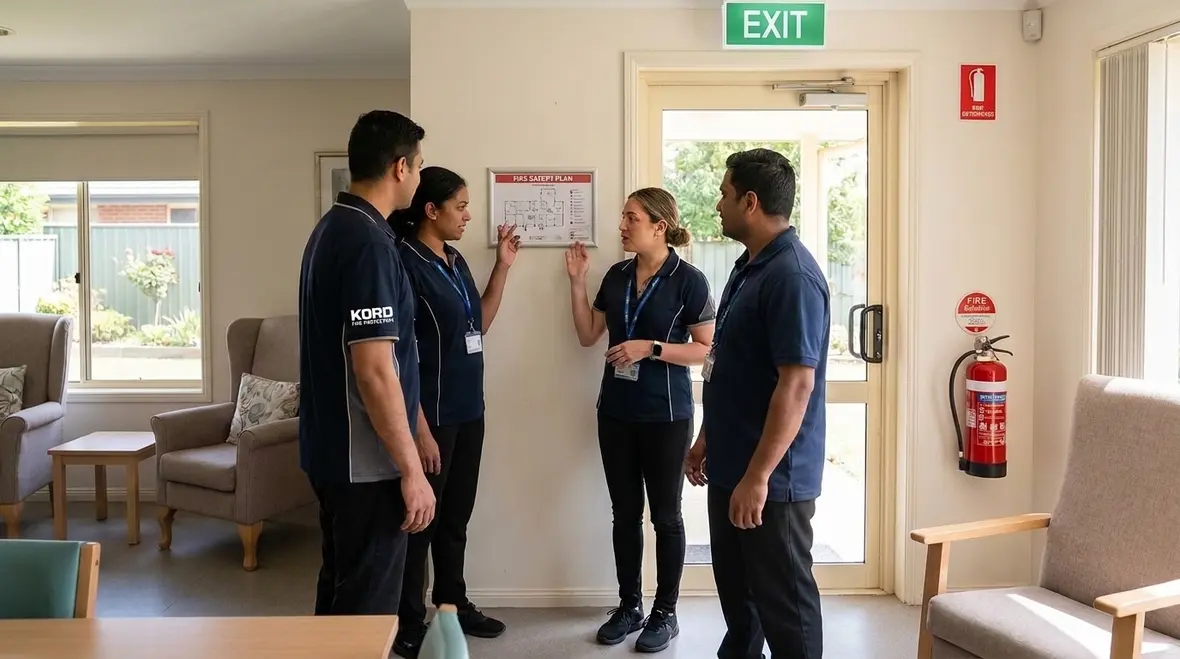 Fire protection technician reviewing board and care facility life safety systems