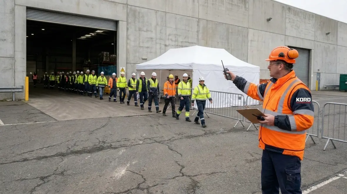 Emergency evacuation fire code planning with staff roles and marked exits