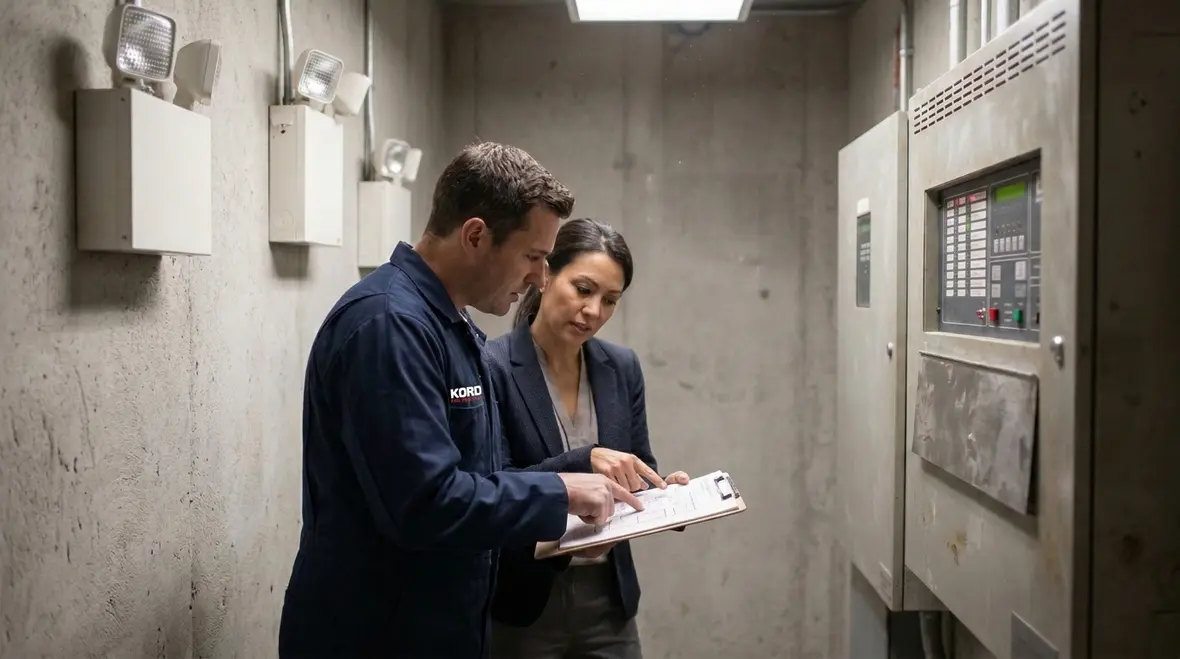 Commercial facility emergency evacuation fire code readiness and assembly control