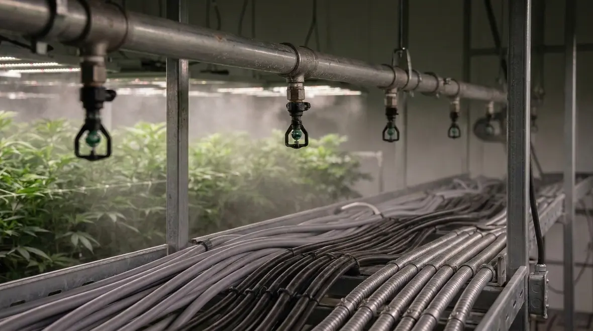 Cannabis cultivation facility with room specific fire protection planning