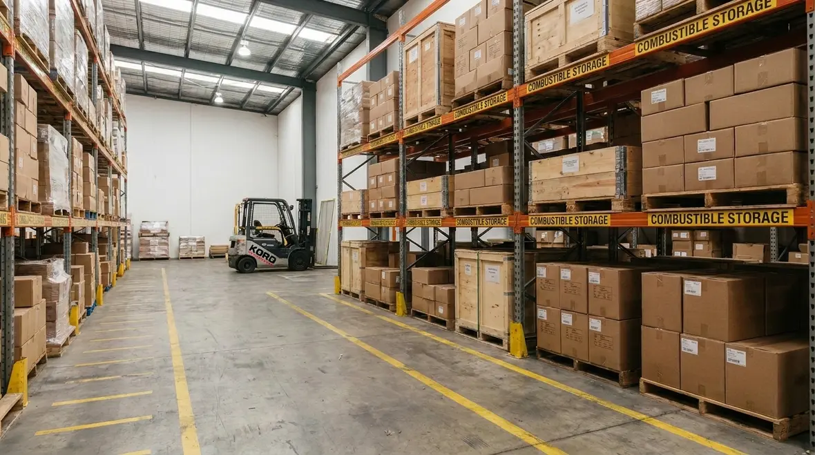 Warehouse combustible materials storage layout and fire safety spacing
