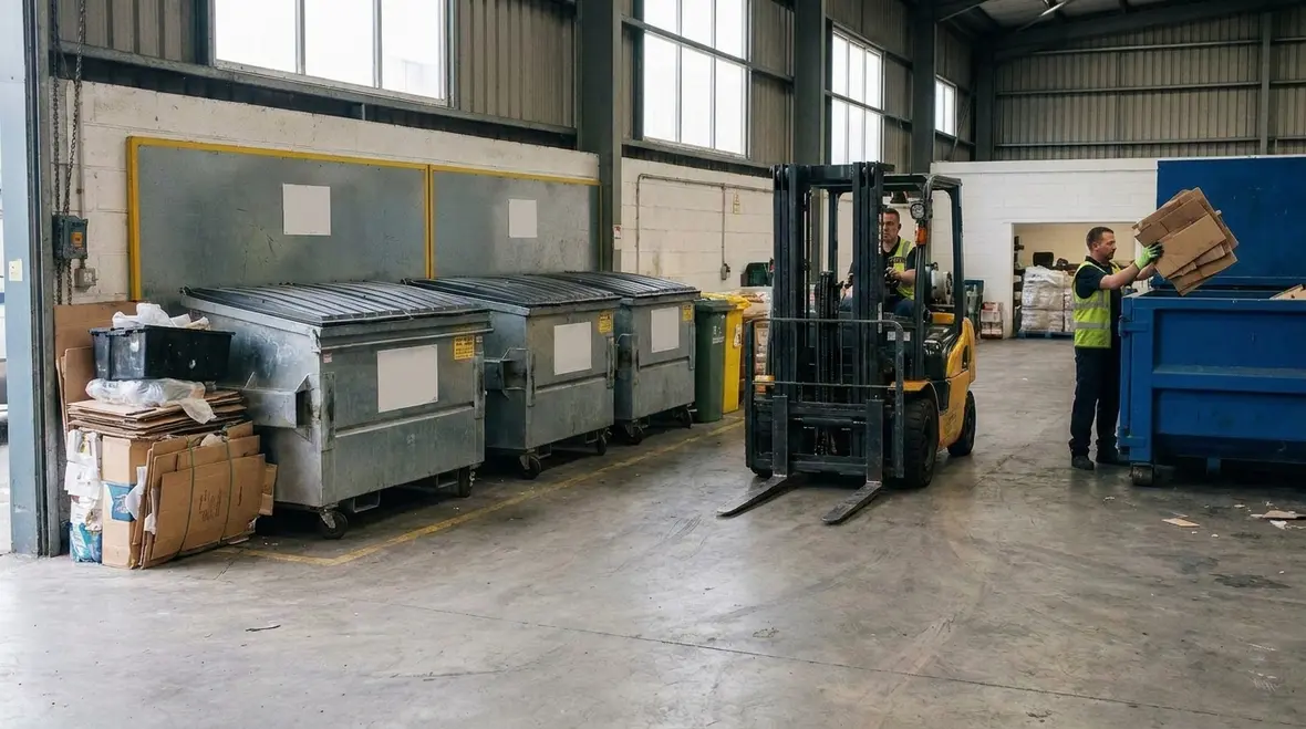 Warehouse combustible waste bins and cardboard fire risk controls
