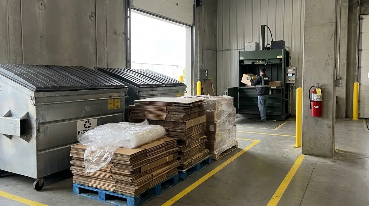 Combustible waste fire safety storage area with cardboard and bins