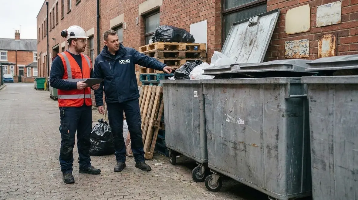 Industrial refuse area showing combustible waste risks near service access