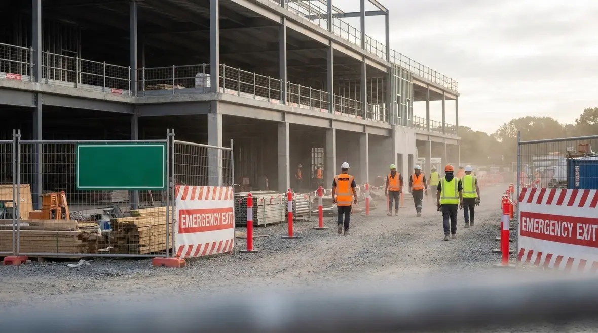 Workers managing construction fire safety requirements on a job site