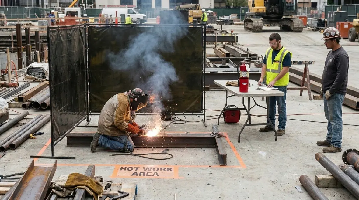 Commercial construction project with fire safety controls in place