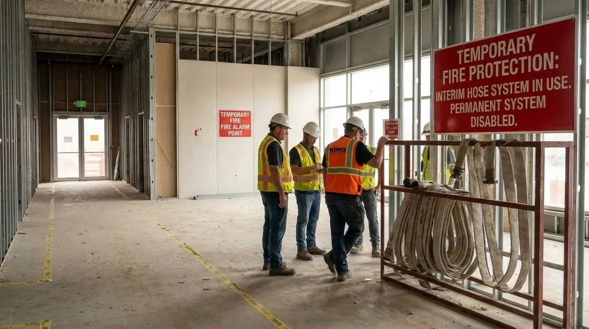 Construction fire safety plan and temporary protection setup