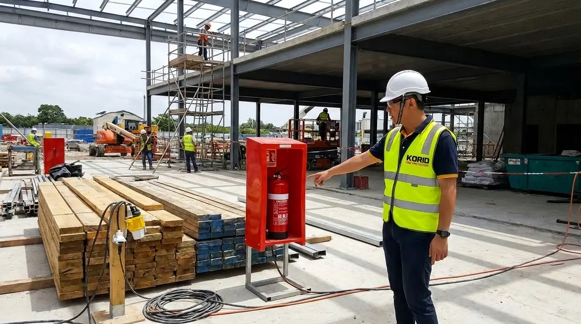 Construction fire safety site with temporary protection measures in place