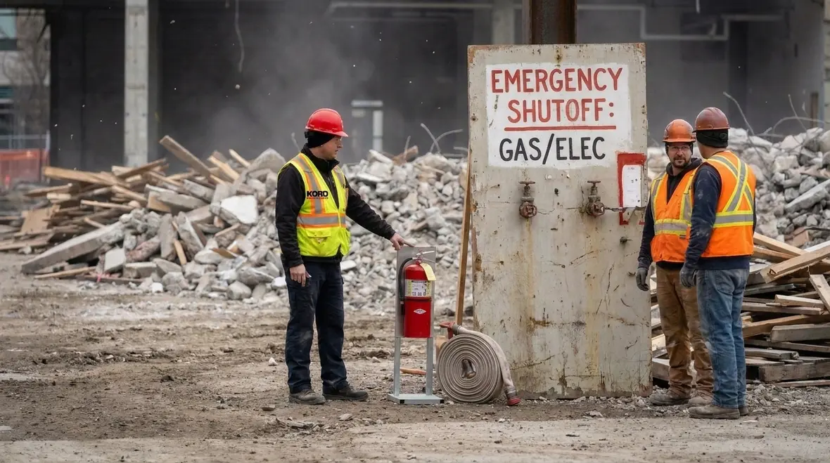Structural demolition fire protection plan with fire watch and debris handling