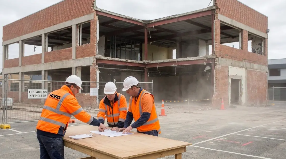 Demolition team planning fire safety controls before structural work begins
