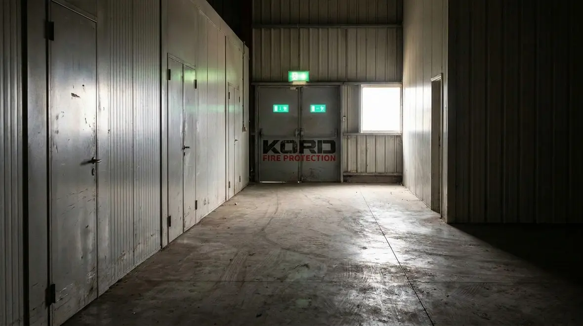 Facility manager reviewing egress door hardware and exit path compliance