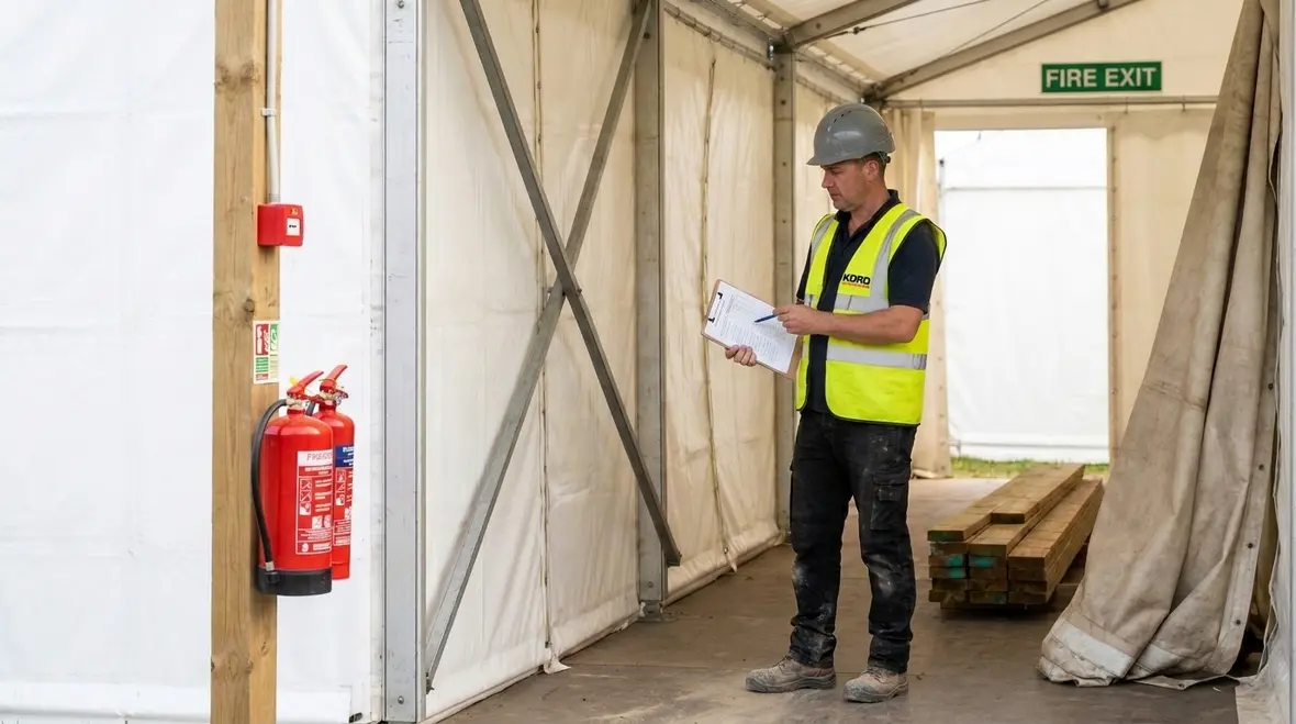 Temporary structure fire code compliance for business event sites