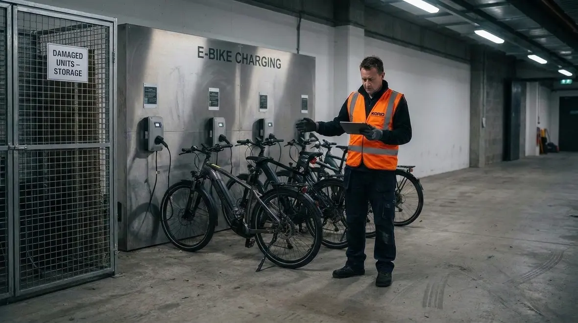 E scooter storage and charging area with fire safety planning