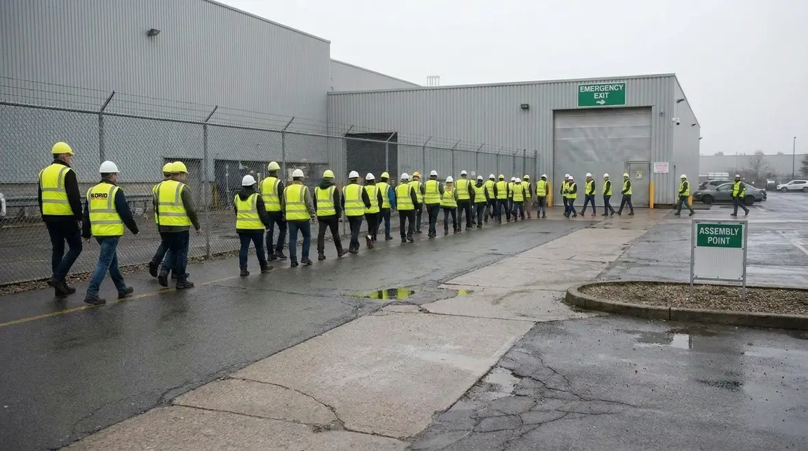 Commercial facility egress route review with travel distance considerations