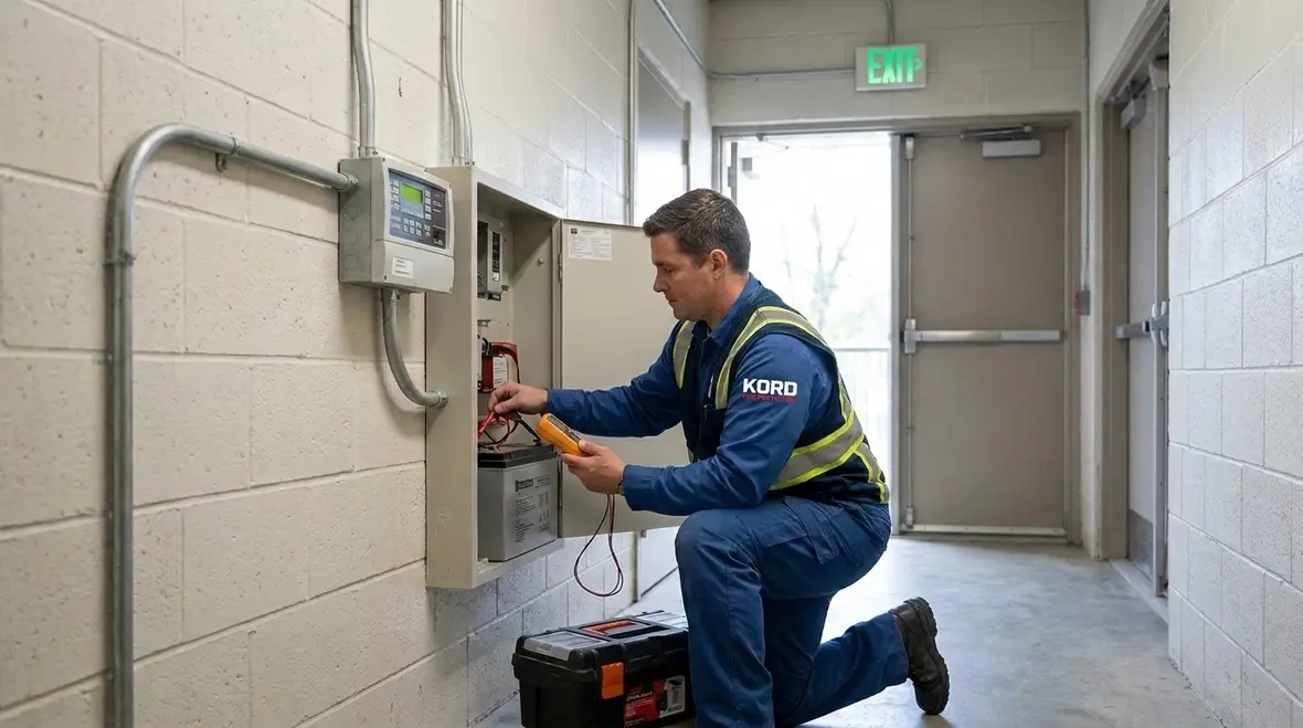 Inspection of exit route lighting and emergency sign placement in a commercial site