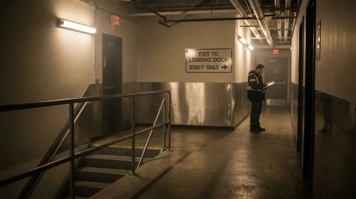 Exit route signage guiding occupants through corridor turns and path changes