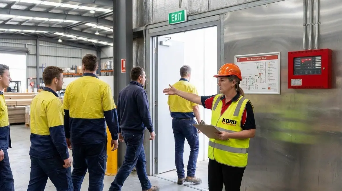 Workplace fire emergency plan with evacuation routes and assembly points