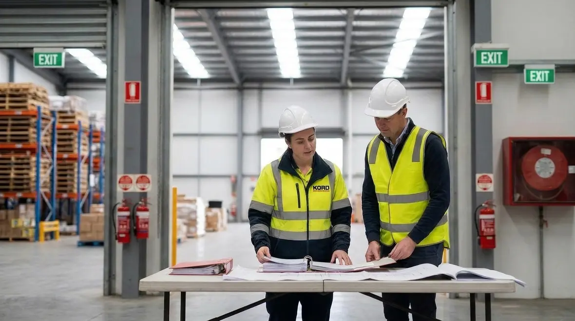 Emergency wardens reviewing fire response duties at a commercial site