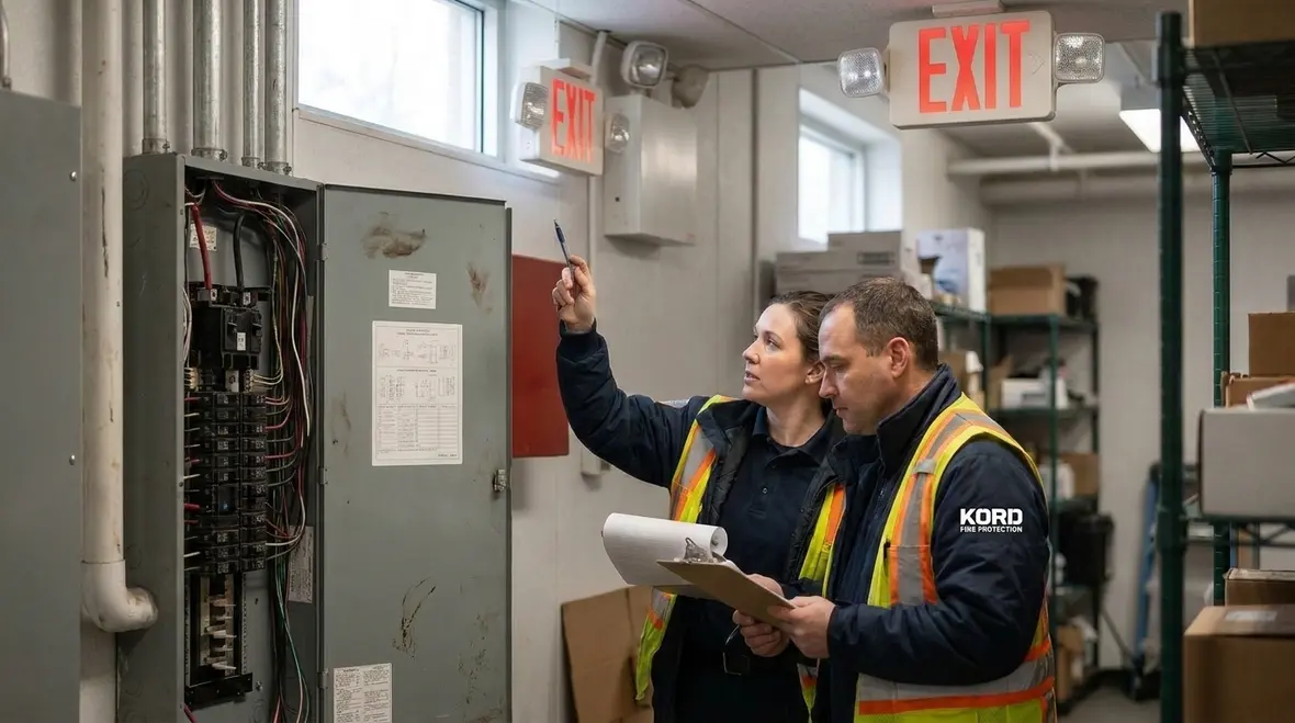 Technician reviewing backup emergency lighting for fire safety