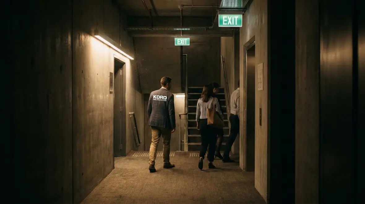 Emergency exit lighting illuminating a building corridor